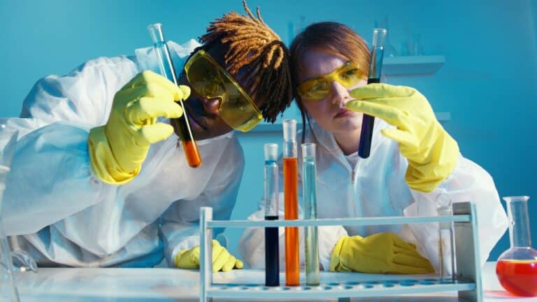 Lab technicians in white coats looking at test tubes